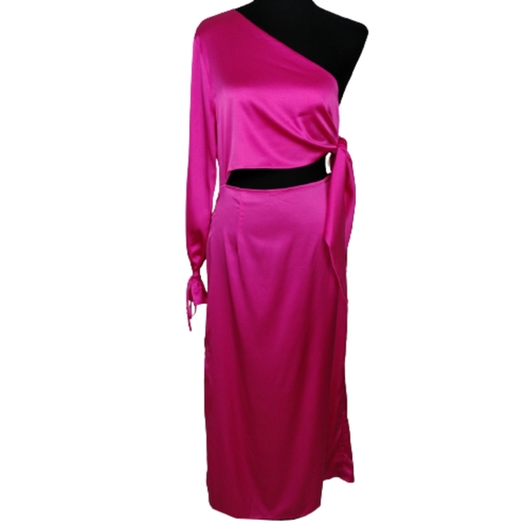 🆕 Silk Maison Pink Palace One-Shoulder Cutout Silk Midi Dress in Hot Pink - Picture 8 of 12